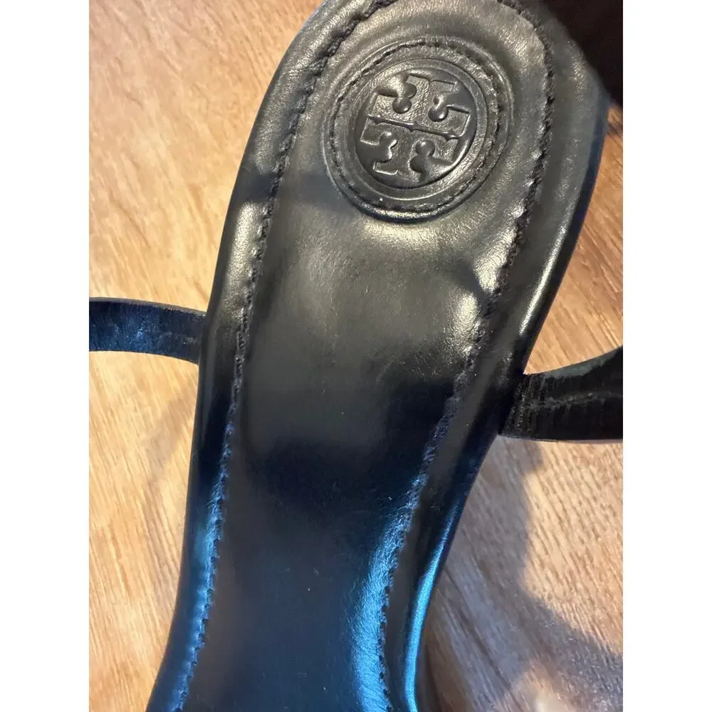 Tory Burch Miller T-Strap Wedge Sandals Black Leather Size 9